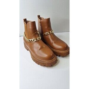 Women's Brown Lugged Sole Chunky Ankle Boots/Booties w/ Gold Chain Sz 10 Grunge